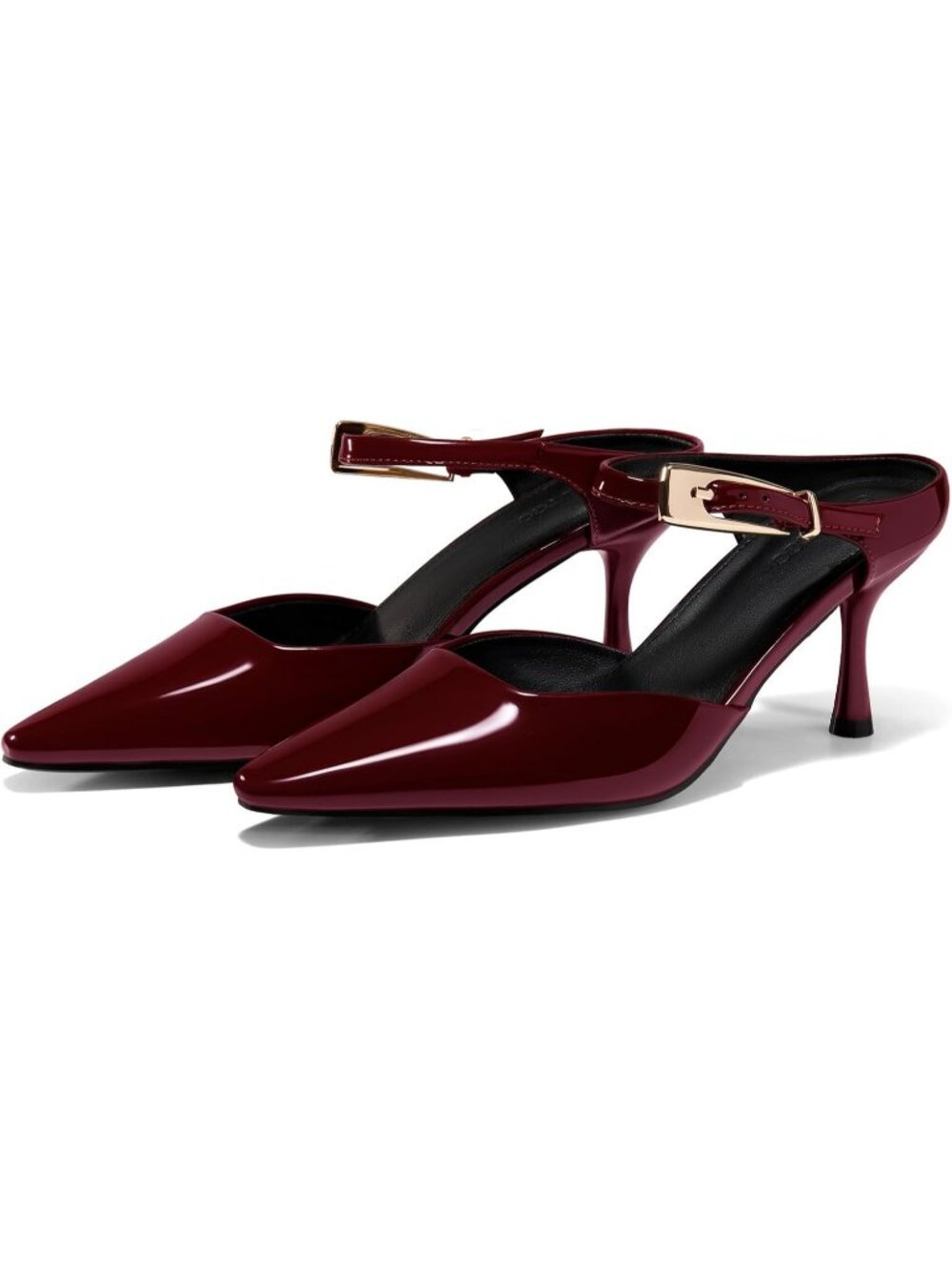 Women's Burgundy High Heels Mules Closed Toe Ankle Buckle Strap Slip On Pumps